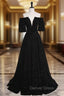 A-Line V Neck Velvet Black Long Prom Dresses, Black Formal Evening Dresses