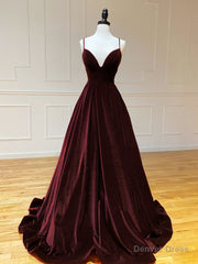 A-Line V Neck Velvet Green Long Prom Dresses, Green Velvet Formal Dress