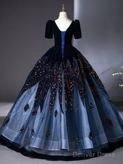 A-Line V Neck Velvet Tulle Dark Blue Long Prom Dress, Dark Blue Long Evening Dress