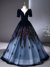 A-Line V Neck Velvet Tulle Dark Blue Long Prom Dress, Dark Blue Long Evening Dress