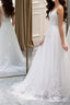 A Line V Neck White Lace Long Prom Dresses, White Lace Wedding Dresses, White Formal Evening Dresses