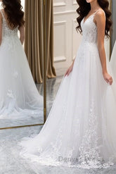 A Line V Neck White Lace Long Prom Dresses, White Lace Wedding Dresses, White Formal Evening Dresses
