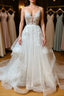 A Line V Neck White Lace Long Prom Dresses, White Lace Wedding Dresses, White Formal Evening Dresses