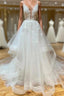 A Line V Neck White Lace Long Ruffles Wedding Dresses