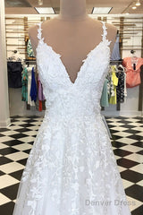 A Line V Neck White Lace Prom Dresses, White Lace Formal Graduation Bridesmaid Dresses