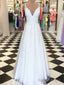 A Line V Neck White Lace Prom Dress, White Lace Prom Graduation Bridesmaid Dresses