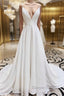 A Line V Neck White Wedding Dresses with Lace Back, White V Neck Prom Formal Dresses