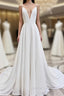 A Line V Neck White Wedding Dress with Sweep Train, White Prom Dresses