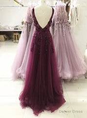 A-line V-neckline Flowers Tulle Evening Dress Prom Dress, Long Wedding Party Dress