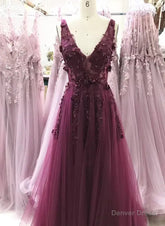 A-line V-neckline Flowers Tulle Evening Dress Prom Dress, Long Wedding Party Dress