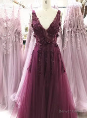 A-line V-neckline Flowers Tulle Evening Dress Prom Dress, Long Wedding Party Dress