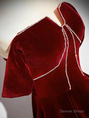A-Line Velvet Burgundy Long Prom Dress, Burgundy Long Formal Dress