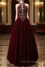 A Line Velvet Sequin Beads Burgundy Long Prom Dress, Burgundy Long Prom Dresses