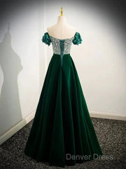 A-Line Velvet Sequin Beads Green Long Prom Dresses Evening Dresses Elegant