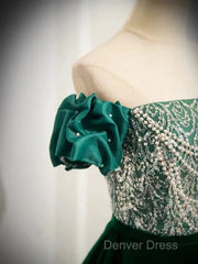 A-Line Velvet Sequin Beads Green Long Prom Dresses Evening Dresses Elegant