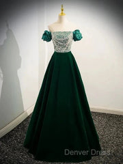 A-Line Velvet Sequin Beads Green Long Prom Dresses Evening Dresses Elegant