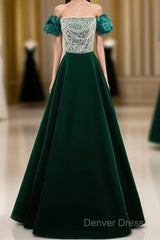 A-Line Velvet Sequin Beads Green Long Prom Dresses Evening Dresses Elegant