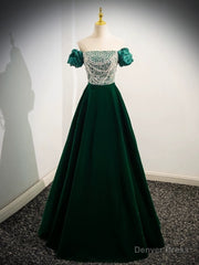 A-Line Velvet Sequin Beads Green Long Prom Dress, Green Velvet Long Formal Dress