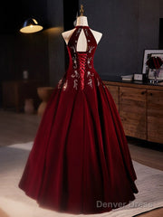 A-Line Velvet Sequin Burgundy Long Prom Dress Long Formal Dress December Wedding Guest Dress