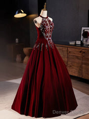 A-Line Velvet Sequin Burgundy Long Prom Dress Long Formal Dress December Wedding Guest Dress