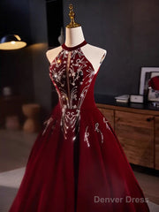 A-Line Velvet Sequin Burgundy Long Prom Dress Long Formal Dress December Wedding Guest Dress
