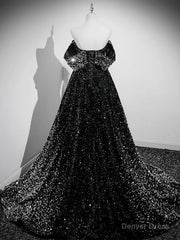 A-Line Velvet Sequin Long Black Prom Dress, Black Long Evening Dress