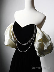 A-Line Velvet Tea Length Black Prom Dress, Tea Length Black Formal Dress