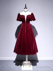 A line Velvet Tea Length Prom Dresses, Burgundy Velvet Bridesmaid Dresses