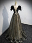 A line Velvet Tulle Lace Black Long Prom Dresses, Black Formal Graduation Dresses
