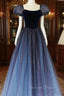 A Line Velvet Tulle Long Prom Dress, Cute Short Sleeve Prom Dresses