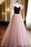 A Line Velvet Tulle Long Prom Dress, Pink Short Sleeve Prom Dresses