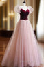 A-Line Velvet Tulle Long Prom Dresses, Pink Short Sleeve Formal Evening Dresses