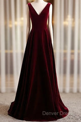 A-Line Velvet V-Neckline Sleeveless Long Party Dresses Prom Dresses Bridesmaid Dresses