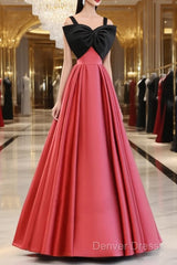 A-Line Watermelon Red Satin Long Prom Dresses, Long Formal Dresses