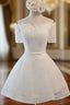 A Line White Lace Short Sleeve Homecoming Dresses