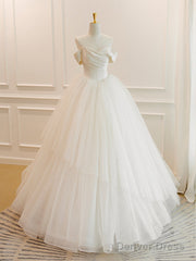 A-Line White Off Shoulder Tulle Long Prom Dress, White Long Formal Dress
