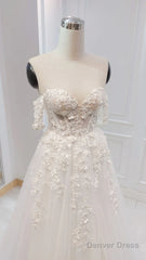 A-Line White Off The Shoulder Wedding Dress With Flower Embroidery Beautiful