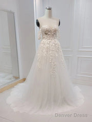 A-Line White Off The Shoulder Wedding Dress With Flower Embroidery Beautiful