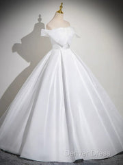 A-Line White Satin Long Prom Dresses, White Long Formal Dresses