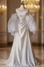 A-line White Satin Pleats Wedding Dresses