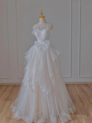 A-Line White Tulle Wedding Dress With Bow