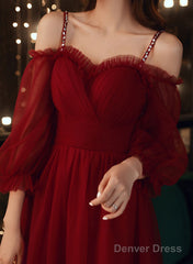 A-Line Wine Red Beaded Straps Tulle Prom Dress, Wine Red Long Evening Dress