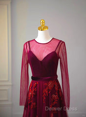 A-Line Wine Red Velvet And Tulle Long Party Dresses, Wine Red Evening Dresses Prom Dresses