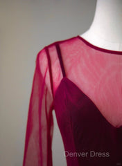 A-Line Wine Red Velvet And Tulle Long Party Dresses, Wine Red Evening Dresses Prom Dresses