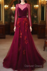 A-Line Wine Red Velvet And Tulle Long Party Dresses, Wine Red Evening Dresses Prom Dresses