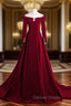 A-line Wine Red Velvet Long Sleeves Low Back Prom Dresses, Wine Red Party Dresses
