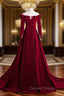 A Line Wine Red Velvet Long Sleeves Low Back Prom Dress, Wine Red Prom Dresses