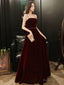 A Line Wine Red Velvet Straps Long Prom Dress, Wine Red Velvet Prom Dresses