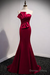 A Noble And Minimalist Wine Red Sleeveless Off Shoulder Ball Dress With Wine Red Strapless Backless Straps And Ground Length Fishtail Evening Dress