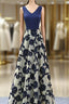 Stylish Dark Blue A Line V Neck Long Prom Dresses, Dark Blue Evening Dresses